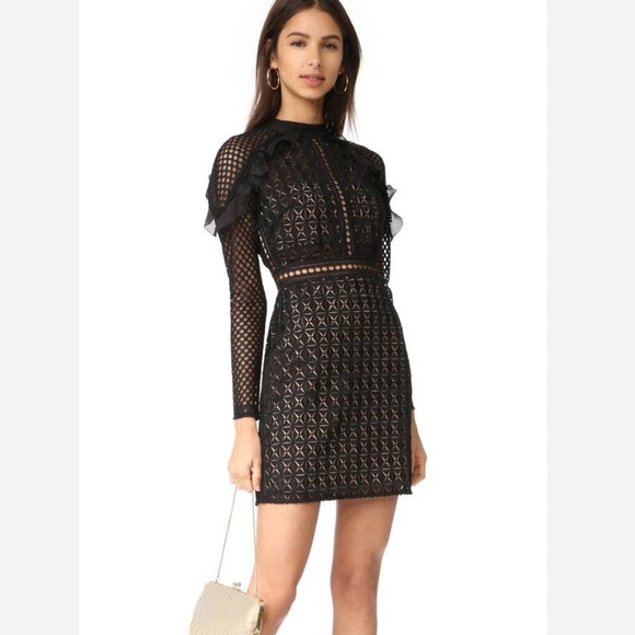 Self-Portrait Black Mesh/Tonal Lace Ruffle Long Sleeve Sheath Mini Dress Size 4 - Picture 10 of 16